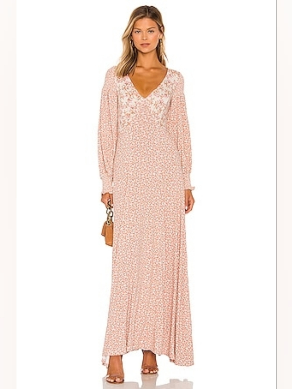 Free People Love Story Maxi Dress Mixed Floral Cutout Back Puff Sleeve Large L